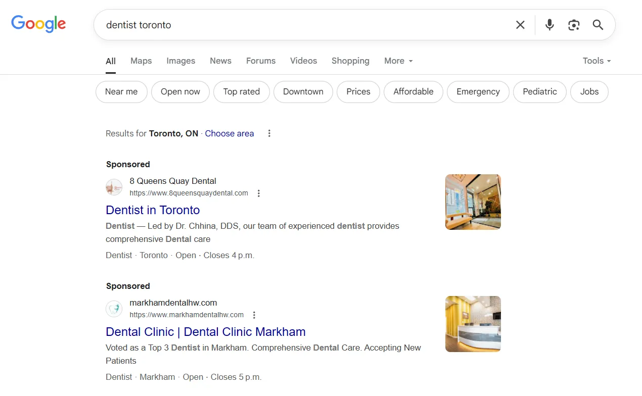 Screenshot showing search results for Dentist Toronto