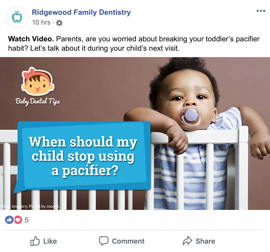 Sample Facebook post - Optio Dentistry Video Pacifier Use