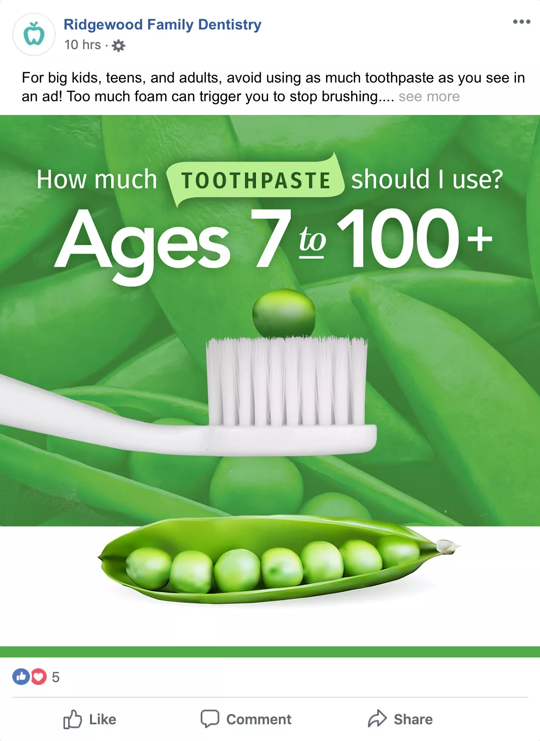Sample Facebook post - pea-sized toothpaste